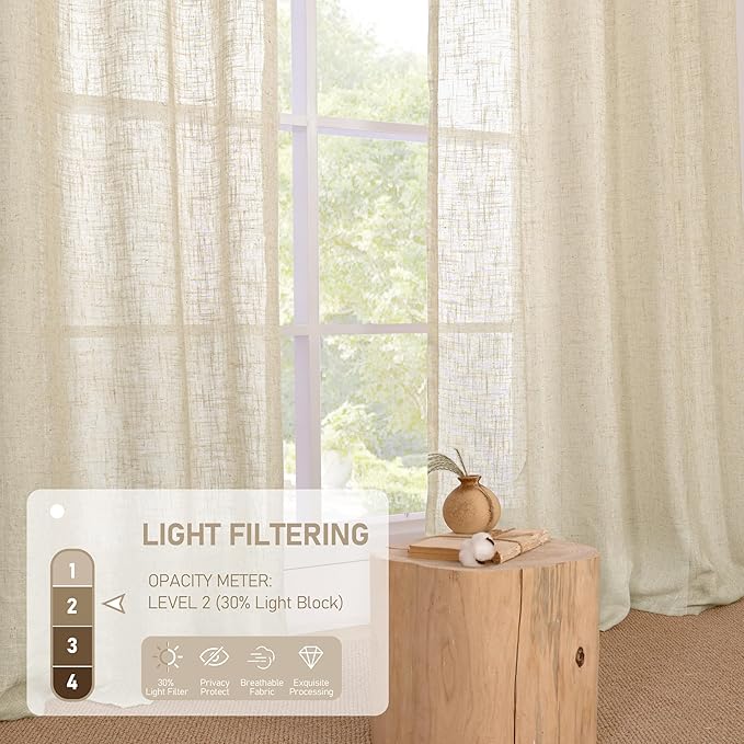 LAMIT Linen Sheer Curtains 96 Inches Long 2 Panels Set, Light Filtering Vertical Panels Bronze Grommet Floor to Ceiling Curtains for Living Room/Sliding Glass Door/Bedroom, Linen, 52 x 96 Inch