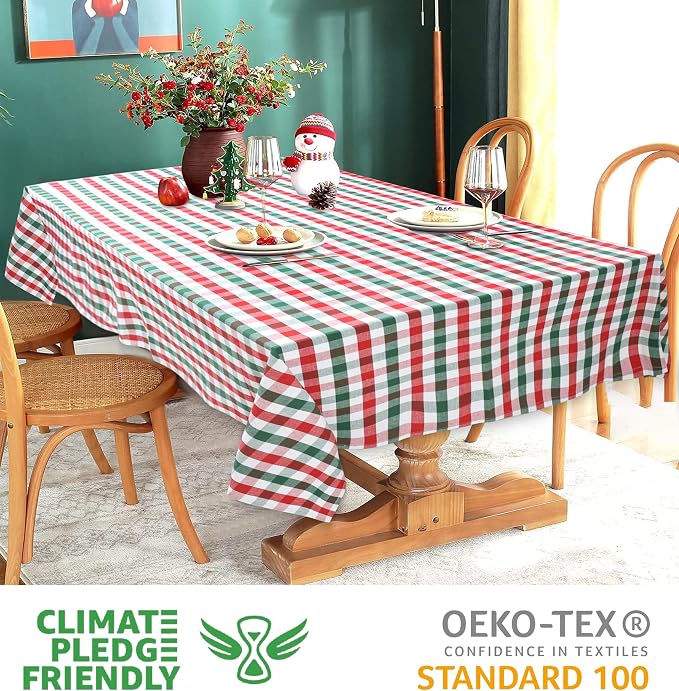 Urban Villa Tablecloth Christmas Tabletop Cover Kitchen Dining Tablecloth 100% Cotton Holiday Celebrations Wedding Dinner Parties Red/Green/White Color Rectangle 60X84 Inches 6-8 Seats Table Cloth