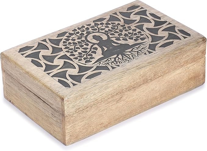Ajuny Handmade Wooden Keepsake Box Buddha Tree Desgin Memory Box Vintage Decorative Jewelry Storage Treasure Chest Gift Idea for Men & Women (8x5 Inch)