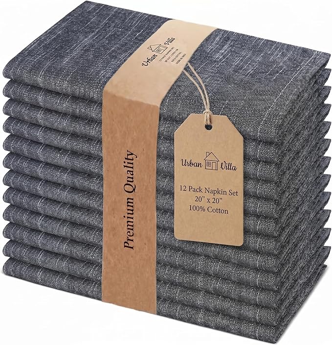 Urban Villa Cloth Napkins 100% Cotton Highly Absorbent Washable Durable Reusable Premium Dinner Napkins Ideal for Gifts for Mothers Day Hotel Farmhouse Parties - Black Chambray (20" x 20", Set of 12)