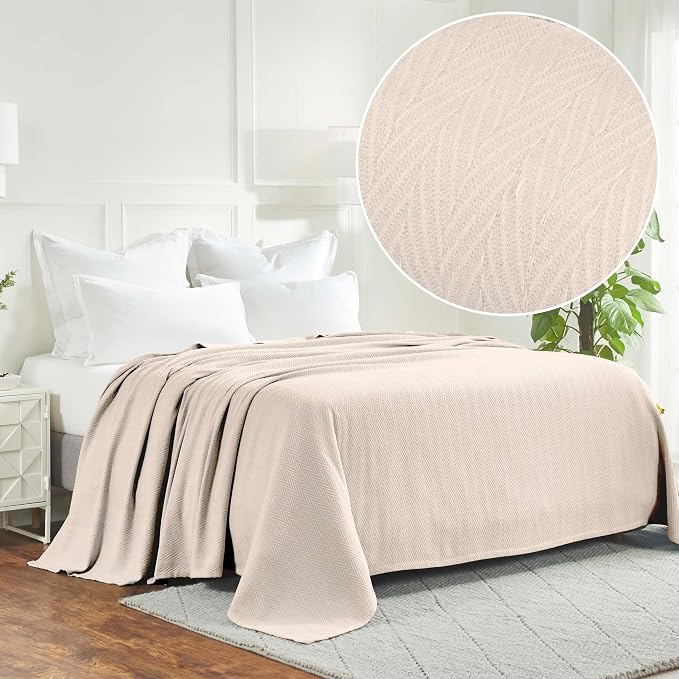 Superior Metro All-Season Cotton Blanket, Woven Blanket for Couch, Bed, Bedding, Farmhouse, Home Essentials, Cute and Cozy Bohemian Blankets, Herringbone Weave, Throw Size, Ivory