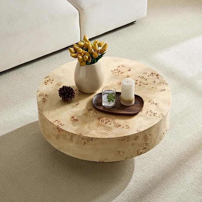 31.49" Round Coffee Table with Burl Wood Veneer & Sturdy Pedestal, Modern Luxury Circle Drum Center Table, Accent Side Table End Table for Living Room Apartment, Natural