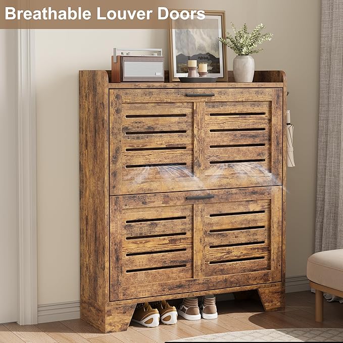 IDEALHOSUE Shoe Cabinet Storage for Entryway, Slim Shoe Storage Cabinet with 2 Flip Drawers, Freestanding Hidden Narrow Shoe Organizer Cabinet with Hooks for Entrance, Foyer, Hallway, Rustic Brown