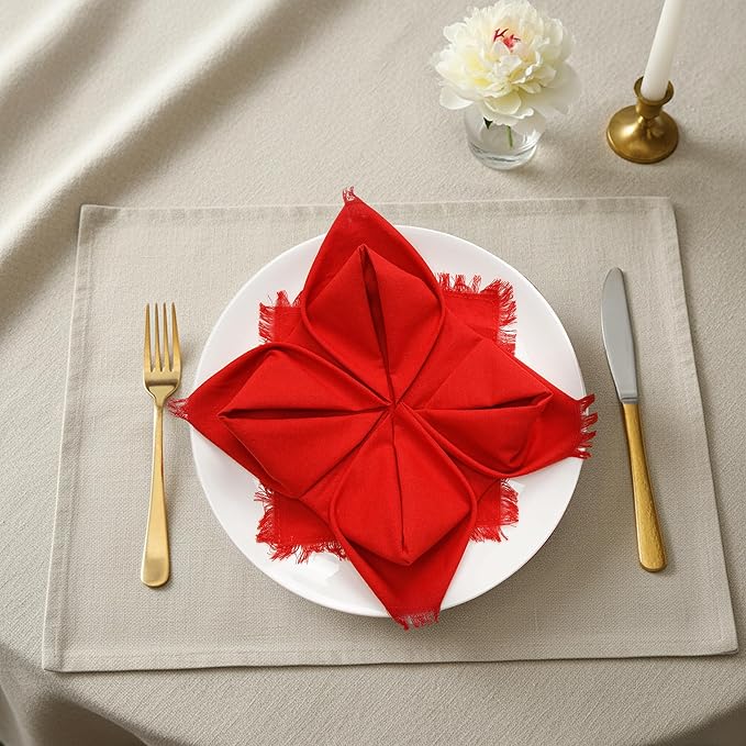Lightnpro Cotton Napkins Set of 12, Beautiful Handmade Fringe Dinner Cloth Napkins, Washable and Reusable for Dining, Parties, Weddings, Holiday & Everyday Use - 18x18 Inch Red Color