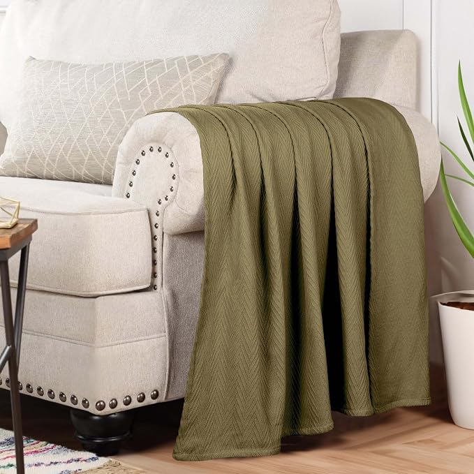 Superior Metro All-Season Cotton Blanket, Woven Blanket for Couch, Bed, Bedding, Farmhouse, Home Essentials, Cute and Cozy Bohemian Blankets, Herringbone Weave, California King, Sage