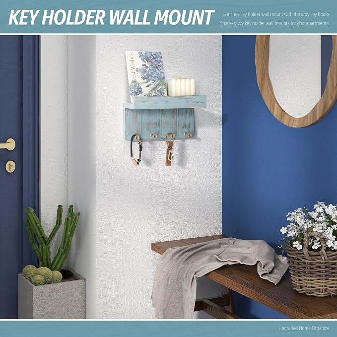 Rebee Vision Small Key Holder Wall Mount for Farmhouse Decor - Key and Mail Holder for Wall with Shelf and 4 Key Hooks - Room Decor Aesthetic (Distressed Blue)