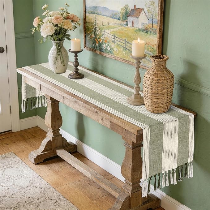 yuboo Sage Green Table Runner 72 Inches, Cotton Linen Farmhouse Dresser Runners for Bedroom, Rustic Woven Boho Coffee Table Decor with Tassels for Dining Room, Kitchen, Summer Holiday Party