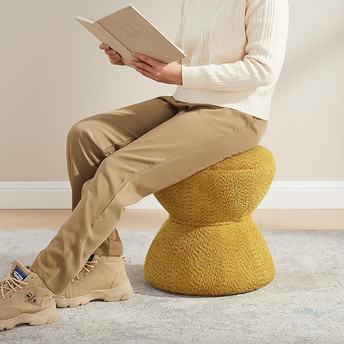VANOMi Multi-Functional Boucle Ottoman, Set of 2, Vanity Stool Chair, Sturdy Wooden Footstool, Suitable for Living Room, Bedroom, and Entryway, Without Installation, Yellow