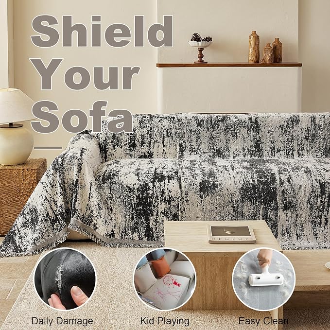 VClife Boho Couch Cover, Non Slip Soft Couch Covers for 2 Cushion Couch Sofa Pet Friendly, Irregular Vintage Black Off-White Scraped Texture Furniture Protector Sofa Slipcover for Dog, 71" X 118"