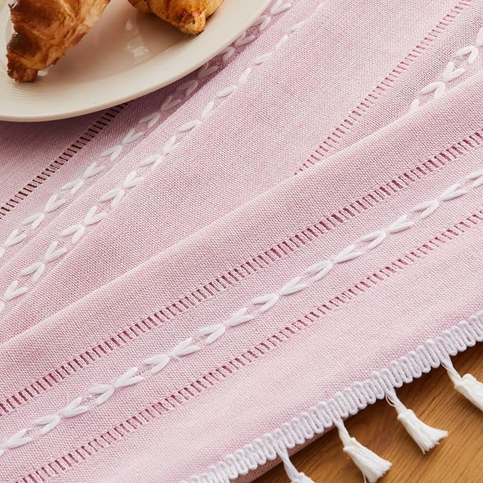 ZeeMart Hemstitched Embroidery Striped Boho Tablecloth 60x120 Inch Pink, Heavy Weight Farmhouse Burlap Linen Pink Tablecloth, Wrinkle Resistant Washable Table Cloth for Rectangle Table