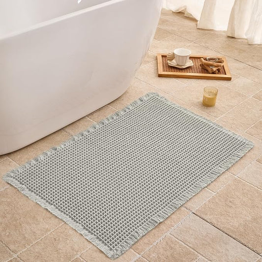 Waffle Bath Mat Non Slip, Boho Bathroom Rug, Super Absorbent Quick Dry Bathroom Mat, Soft Farmhouse Bath Rug with Tassels, Small Washable Shower Mats for Floor 20"x32", Light Grey
