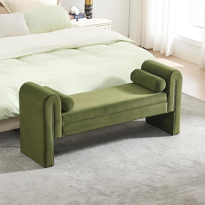 Velvet Storage Bench for Bedroom End of Bed, 60.5- inch Upholstered Button Tufted Ottoman Bench with Rolled Arms, Button-Tufted Ottoman for Living Room, Entryway (Green)