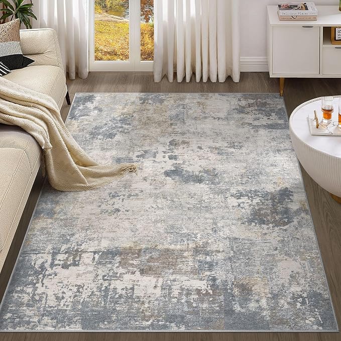 UERMEI 4x6 Area Rug Living Room Rugs - Washable Neutral Modern Abstract Soft Thin Rug Indoor Floor No Slip Rug Carpet for Bedroom Under Dining Table Home Office Decor - Blue Grey
