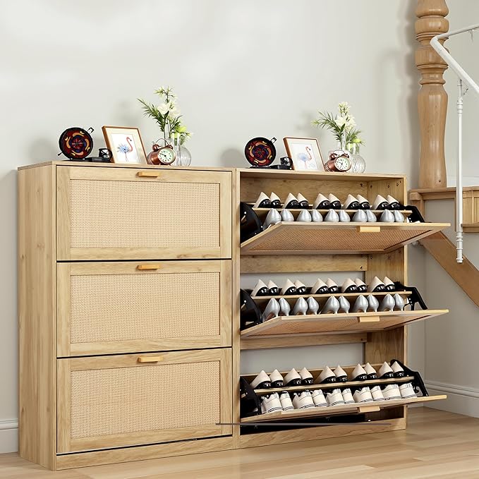 Finnhomy Extended Edition Shoe Cabinet with Natural Rattan Flip Drawers for Entryway, Free Standing 3 Tier Slim Shoe Organizer, Shoe Cabinet with 3-Gear Adjustable Width Drawers, Natural