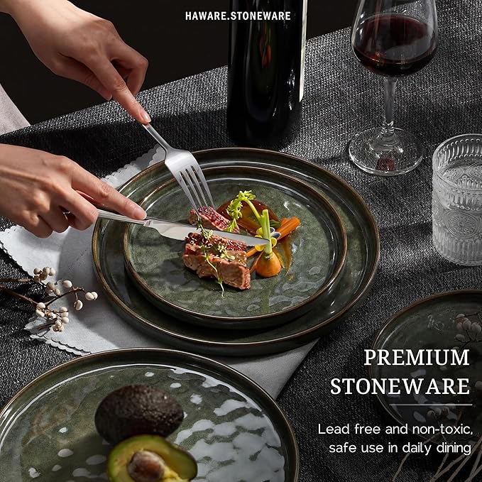 HaWare Dinnerware Sets, 24-Piece Plates and Bowls Set, Stoneware Dish Set for 8, Ceramic Dinnerware for Home Restaurant, Chip and Scratch Resistant, Microwave and Dishwasher Safe, Reactive Moss Green
