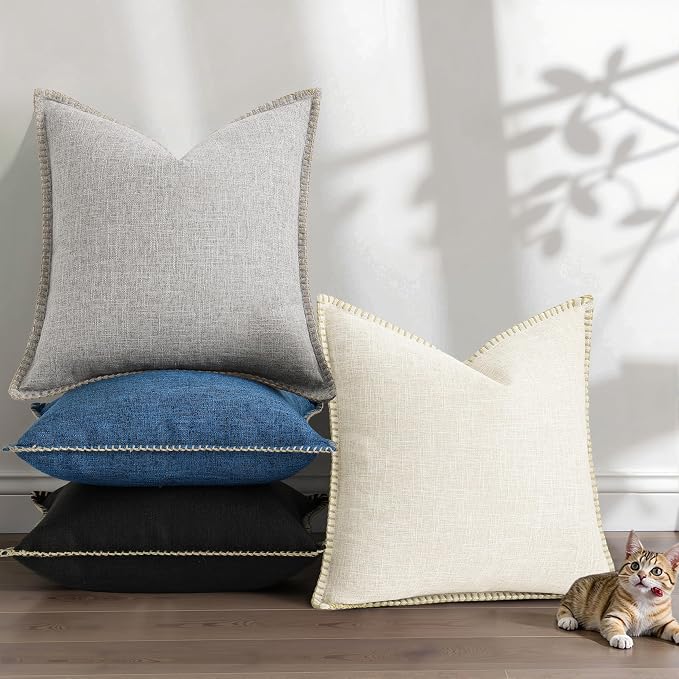 decorUhome Patriotic Summer Decorative Throw Pillow Covers 22x22 Set of 2 Square Faux Linen Outdoor Neutral Farmhouse Euro Sham Coastal Pillow Covers with Stitched Edge for Couch Sofa, Dark Blue
