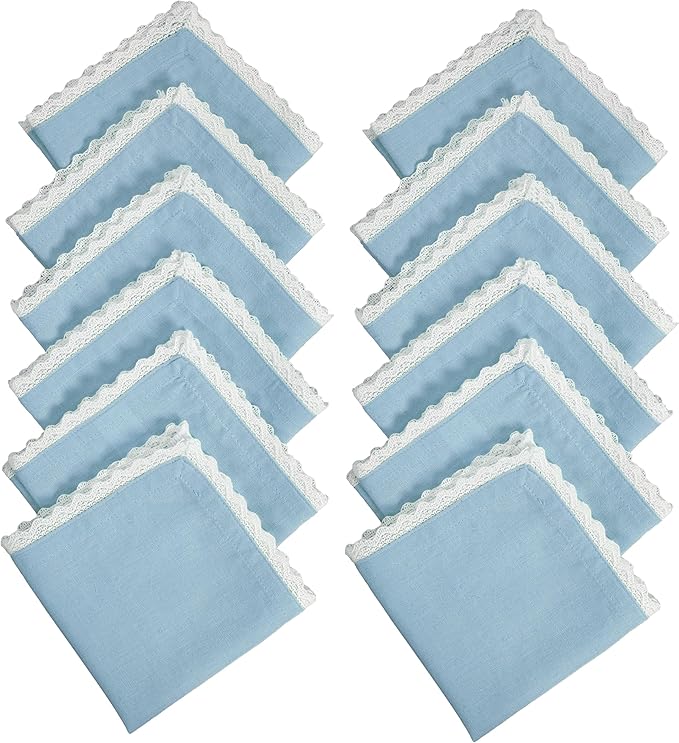 Fingercraft Dinner Cloth Napkin Cotton Linen Blend 12 Pack 12In Mitered Corners with Elegant Lace for Everyday Use Napkins Cloth are Pre Shrunk and Good Absorbency Sky Blue Easter Color