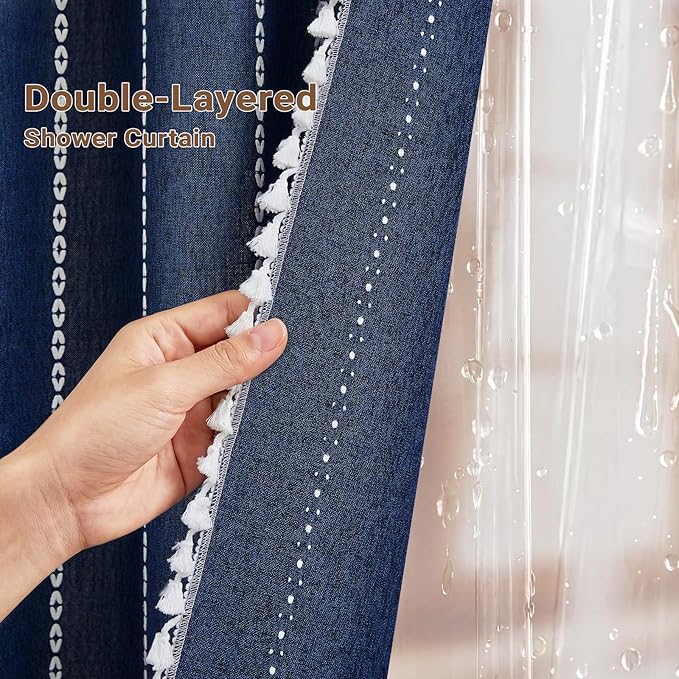 BTTN 3 in 1 Shower Curtain with Liner, 96 Extra Long Boho Linen Striped Cloth Shower Curtain Set with Hook, Tall Farmhouse Bohemian Waterproof Fabric Shower Curtain for Bathroom, Navy Blue, 72x96