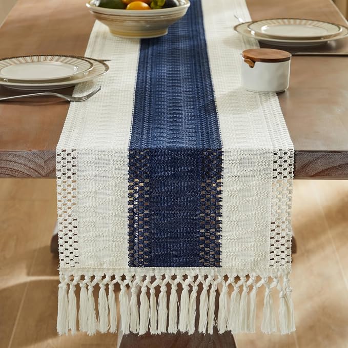 ZeeMart Macrame Style Bicolor Stitching Table Runner, 14 x 90 Inch Navy Blue/Ivory, Boho Navy Table Runners 90 Inches Long, Farmhouse Woven Home Decor