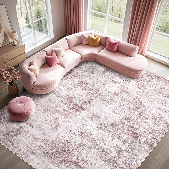 UERMEI 8x10 Washable Area Rug - Neutral Modern Abstract Living Room Rugs, Non-Slip Soft Large Indoor Floor Carpet for Bedroom Home Office & Under Dining Table Decor, Pink Grey