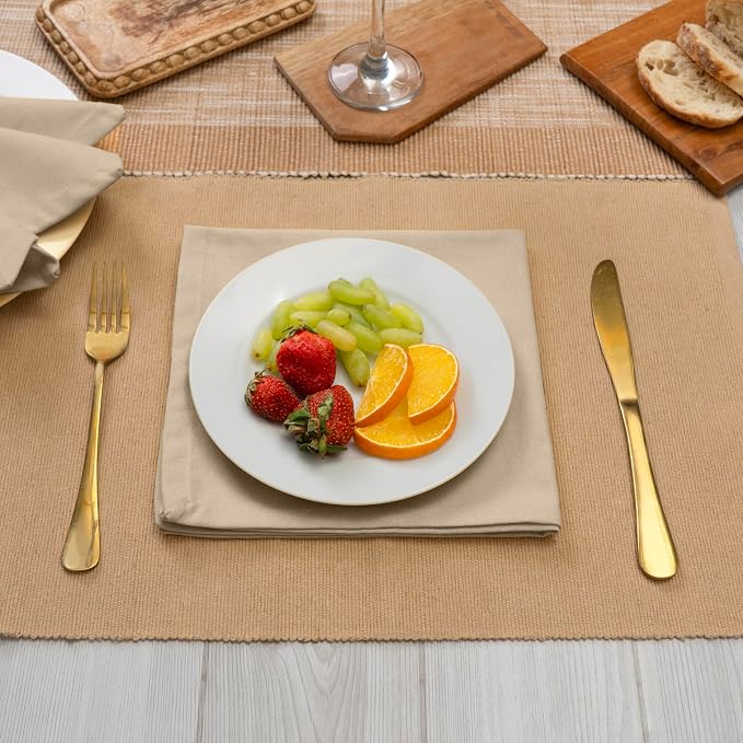 Blue Needles Solid Cloth Napkins Set of 12 Beige 100% Cotton Dinner Napkins 18x18 inches - Spring Summer Easter - Soft, Reusable, Absorbent & Washable Linen, Ideal for Events Parties & Everyday Use