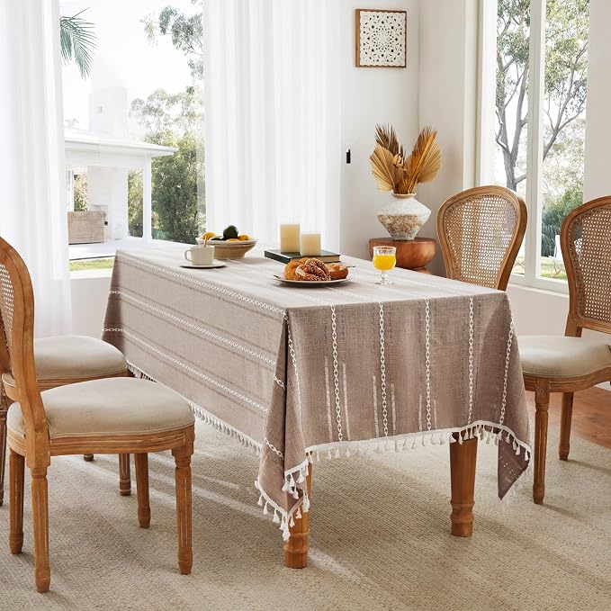 ZeeMart Hemstitched Embroidery Striped Boho Tablecloth 54x54 Inch Taupe, Heavy Weight Farmhouse Burlap Linen Light Brown Tablecloth, Wrinkle Resistant Washable Table Cloth for Square Table