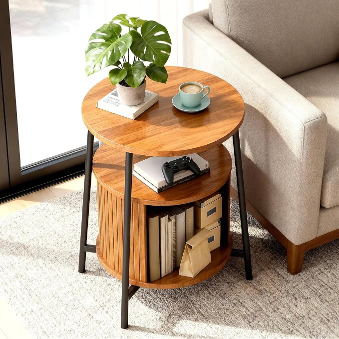 DHH Round End Tables Set of 2 & Charging Station, Fluted Accent Side Table with Sliding Door, Mid-Century Modern Nightstand set of 2 for Small Space Storage, Living Room, Bedroom,Sofa Couch(2, Yellow)