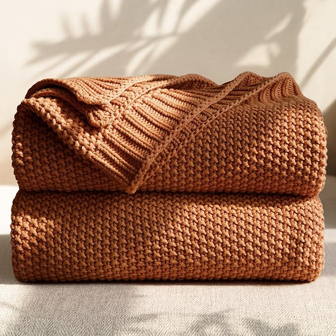 100% Cotton Cable Knit Throw Blanket, Lightweight Soft Knit Blanket for Sofa Couch Bed, Breathable All-Season Throw, Cozy Decorative Blanket, 50 x 60 Inch,Burnt Orange