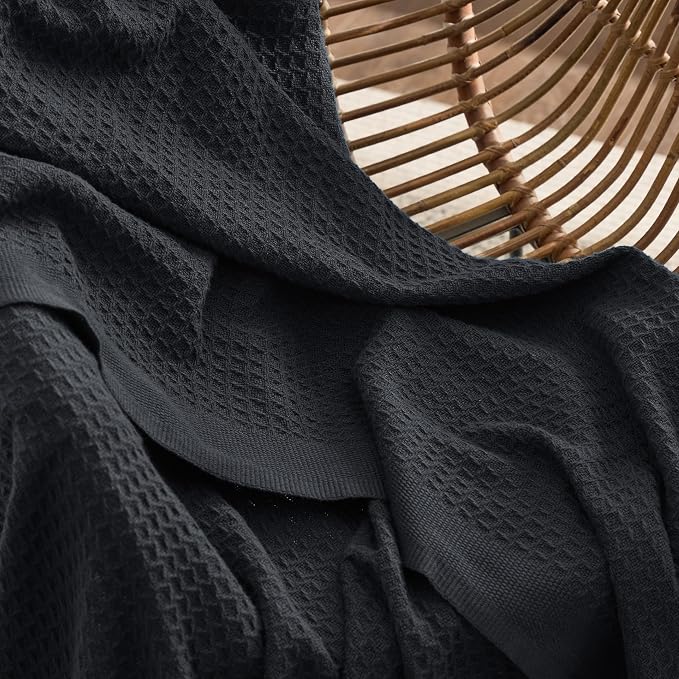Bedsure 100% Cotton Blanket Full Size for Bed - Breathable and Soft for Summer, Thick Cozy Waffle Weave Blanket Gifts for Women, Black, 80x90 Inches