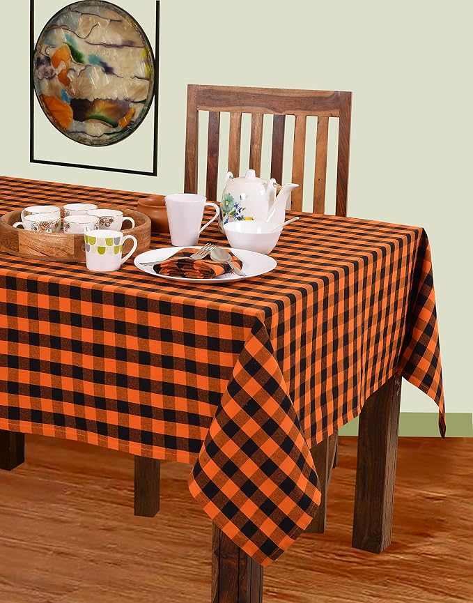 Urban Villa Halloween Tablecloth Buffalo Check Table Cloth Tabletop Cover Kitchen Dining Tablecloth Size- 60"X84"100% Cotton Ideal for Parties Wedding Holiday Dinner Orange/Black Rectangle 6-8 Seats