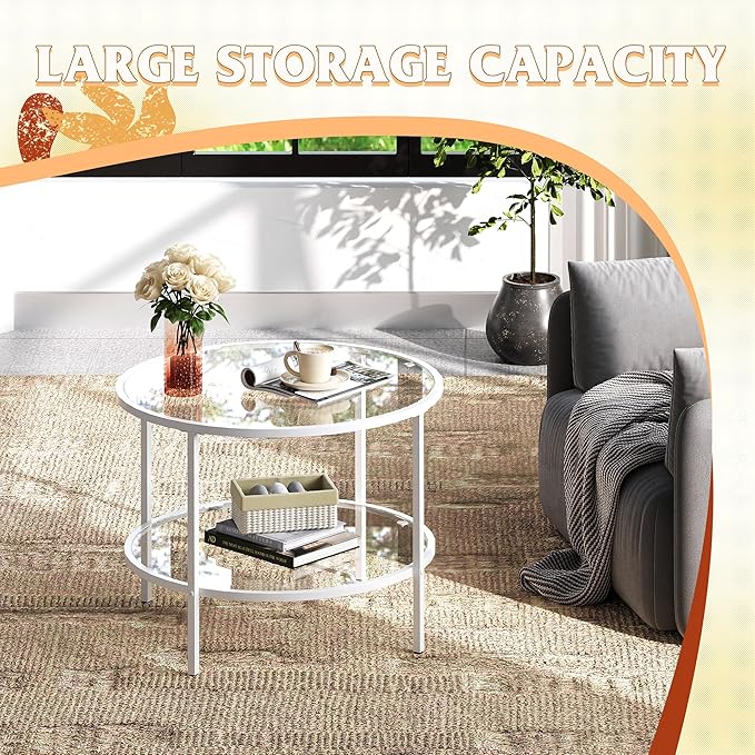 WLIVE Round Coffee Table, 25.6" Glass Coffee Table with Storage Shelf, Living Room Table with Clear Glass, Modern Center Table for Small Spaces Living Room, Apartment, Office, White