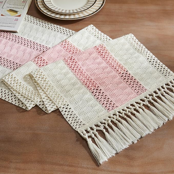 ZeeMart Macrame Style Bicolor Stitching Table Runner, 14 x 60 Inch Light Pink/Ivory, Boho Pink Table Runners 60 Inches Long, Farmhouse Woven Home Decor