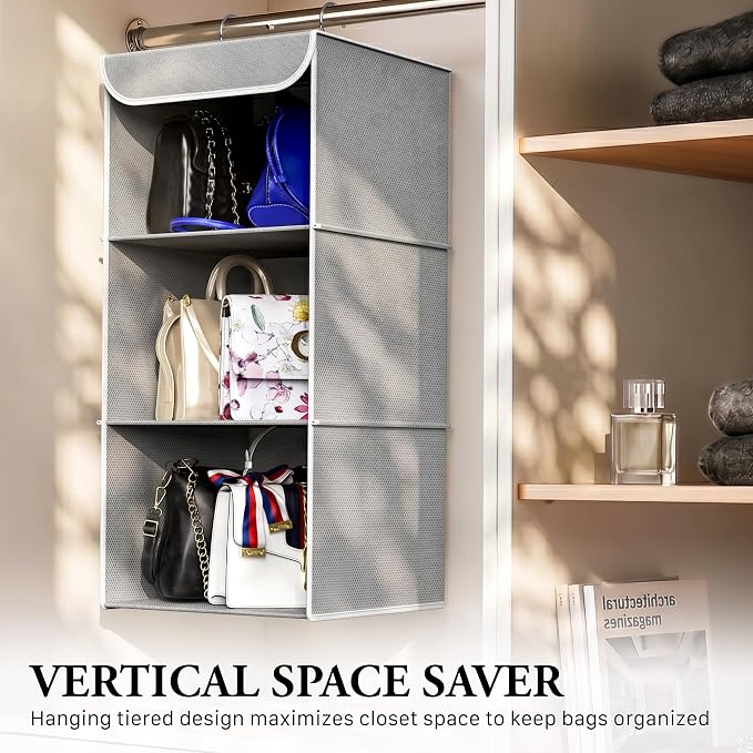 Simple Houseware 3-Shelf Hanging Closet Organizer, Fabric Storage Shelves with 57L Capacity, Gray