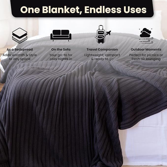 100% Organic Cotton Knit Blanket Denise -Soft and Lightweight, Breathable All-Season Throw for Bed, Sofa, or Lounge Area -GOTS Certified-Perfect for Home and Bedroom Styling (Black, 60x80)