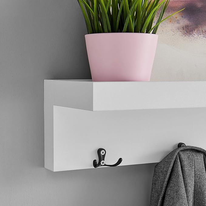 Danya B Wall Mounted Entryway Floating Coat Rack with Four Hanging Hooks and Decorative Ledge Shelf - Great for Entryways, Hallways, Bedrooms, Kitchens, and Bathrooms - White