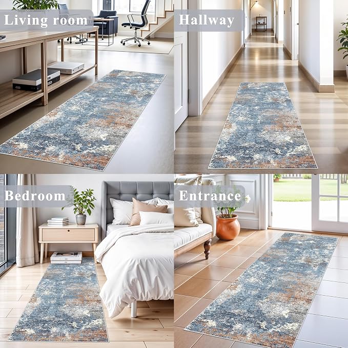 2x6 Non-Slip Washable Kitchen Runner Rug – Modern Abstract Carpet Runner for Hallway Bedroom Bathroom Laundry Room Entryway – Low-Pile Thin Rubber Backed（Blue Rust,2x6）