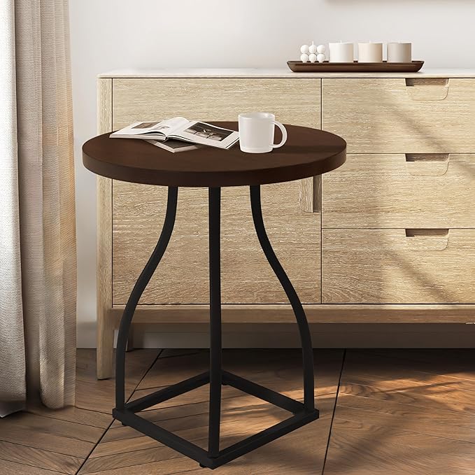 Round Side Table with Metal Pedestal Base (Brown)