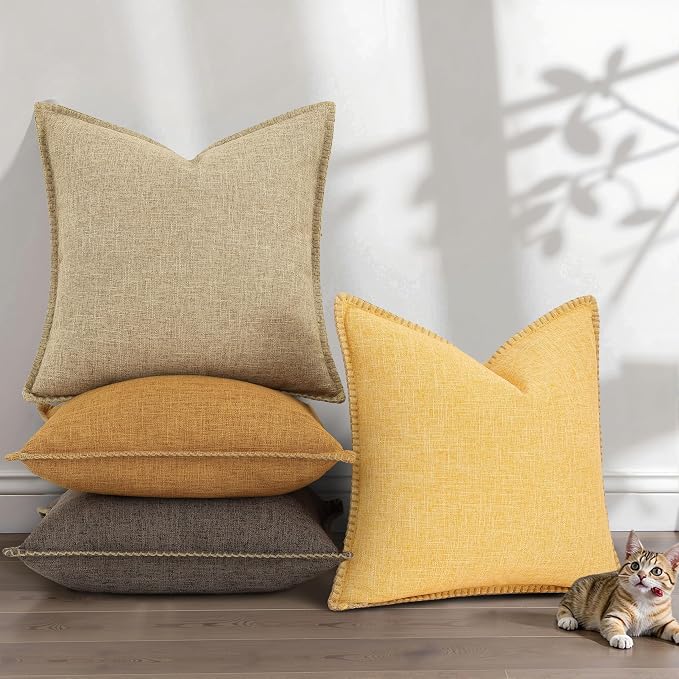 decorUhome Summer Decorative Throw Pillow Covers 26x26 Set of 2 Square Faux Linen Farmhouse Euro Sham Pillow Covers with Stitched Edge Outdoor Neutral Pillow Covers for Couch Sofa Living Room, Khaki