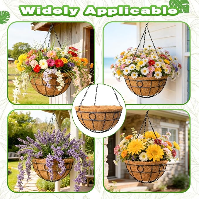 2 Pack 12 Inch Metal Outdoor Hanging Baskets Black Heavy Duty Hanging Planters with Coco Liners for Indoor Outdoor Plants Gardens Patios Terraces（Round）