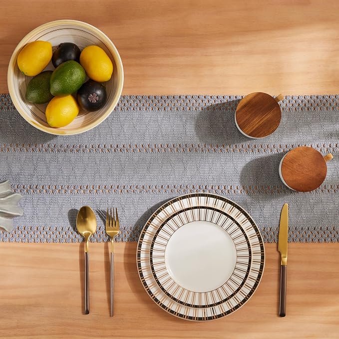 ZeeMart Macrame Style Boho Table Runner, Blue Grey Table Runners 108 Inches Long, Farmhouse Woven Home Decor, 12x108 Inch, Light Blue Grey