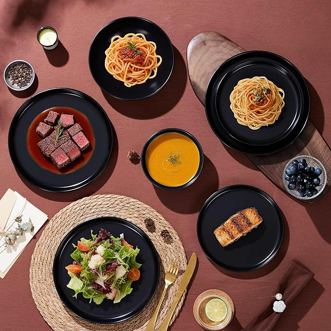 LIANYU 16 Piece Dinnerware Sets with Double Bowls for 4, Modern Ceramic Plates and Bowls Set, Kitchen Round Dinning Ware Dishware Set, Microwave and Dishwasher Safe, Black Onyx