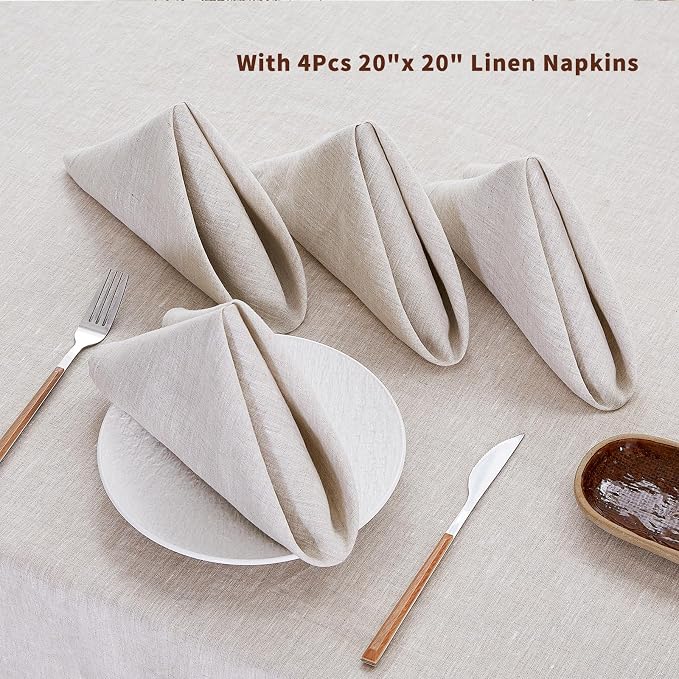 Round Linen Tablecloths 100% Pure French Linen Tablecloth 60'' Washable Linen Table Cloth Cover Decorative for Kitchen Wedding Party Dining Banquet with 4PCS Linen Napkins