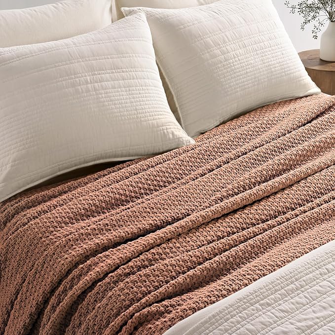 EVERGRACEHOME Chunky Chenille Knit Throw Blanket for Couch, Soft Luxurious Oversized Queen Moss Stitch Blanket for Bed, Cozy Farmhouse Knitted Throw for Sofa, Terracotta Clay, 90" x 90"