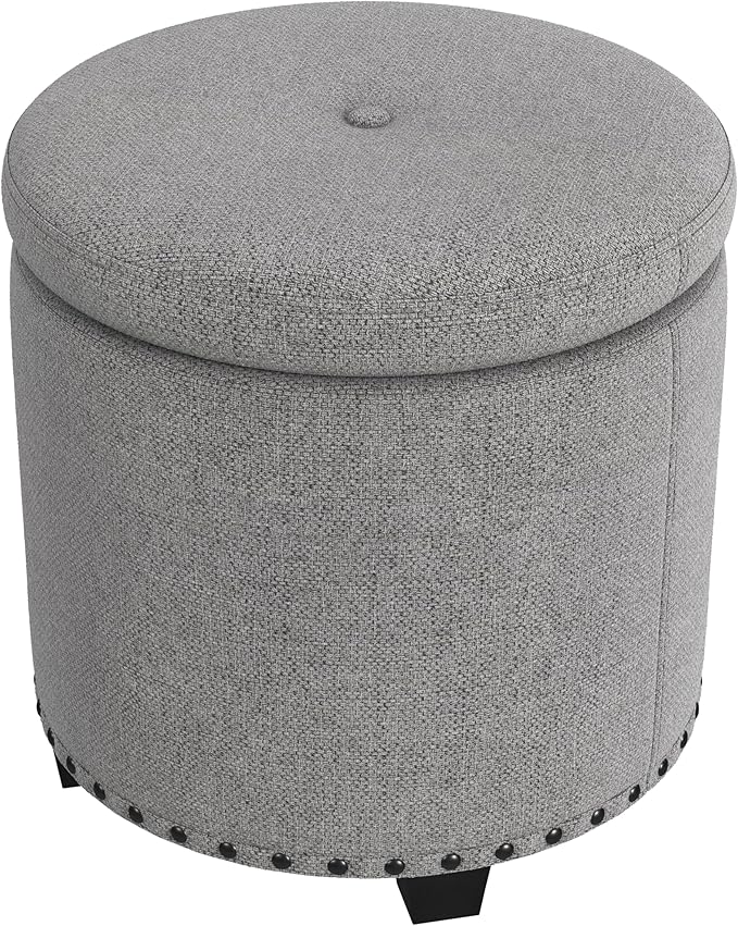 Homepop Home Decor | Upholstered Round Storage Ottoman with Nailheads| Ottoman with Storage for Living Room & Bedroom, Grey Woven