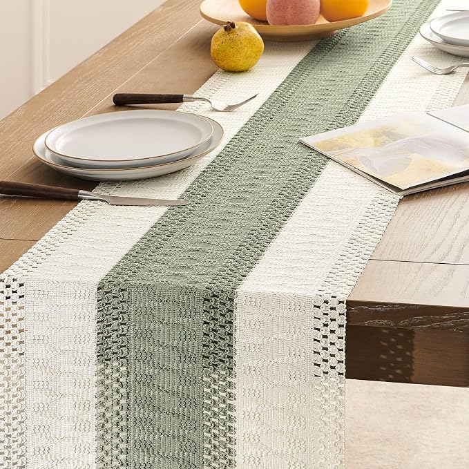 ZeeMart Macrame Style Bicolor Stitching Table Runner, 14 x 90 Inch Green/Ivory, Boho Sage Green Table Runners 90 Inches Long, Farmhouse Woven Home Decor