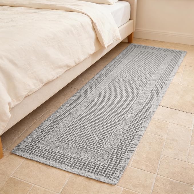 Waffle Bath Mat Non Slip, Boho Runner Rug, Super Absorbent Quick Dry Long Bath Runner Bathroom, Soft Farmhouse Bath Rug with Tassels, Washable Shower Mats for Floor 24"x48", Square Light Grey