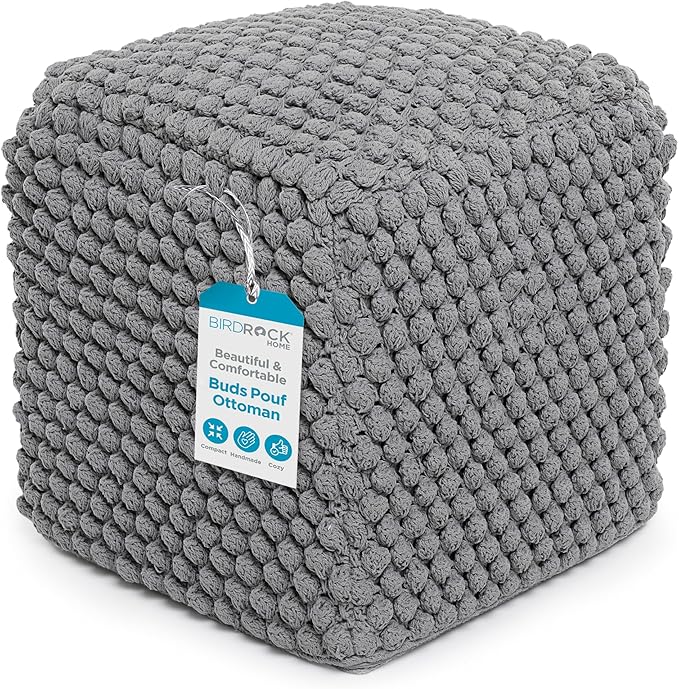BIRDROCK HOME Buds Pouf Foot Stool Ottoman - Knit Bean Bag Floor Chair - Cotton Braided Cord - Great for The Living Room, Bedroom and Kids Room - Small Furniture (Grey - Buds)