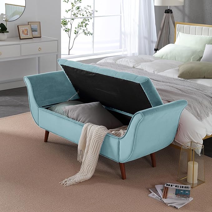 65" Velvet Storage Bench, Vintage Bed Bench with Storage Upholstered Rolled Armed Button Tufted Entryway Bench for Bedroom End of Bed, Living Room, Entryway, Hallway, Dressing Room (Blue)
