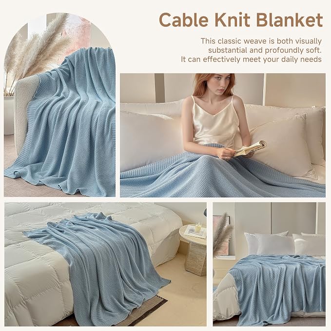 Simple&Opulence 100% Cotton Throw Blanket, Solid Color Cable Knitted Blanket Super Soft Comfortable Breathable Decorative Farmhouse for Couch Sofa Bed, All Season Use(Winter Blue,50x60)