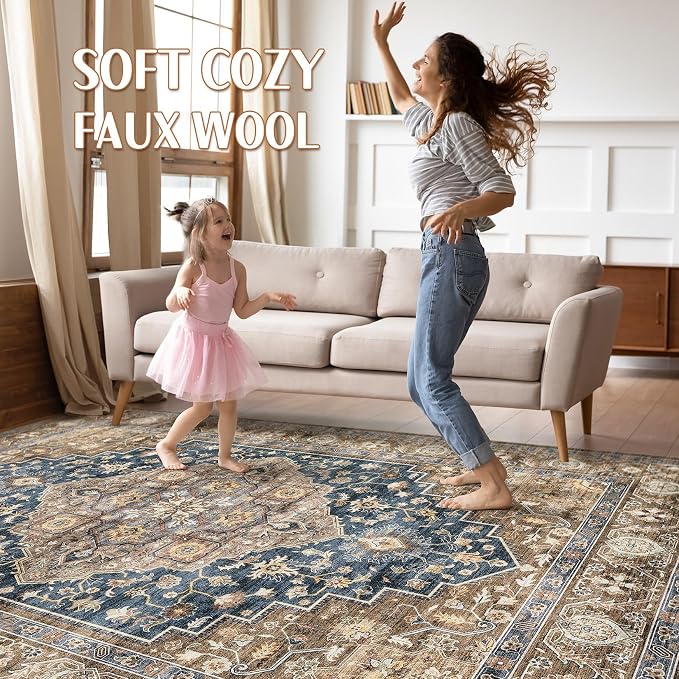 10x13 Area Rug Living Room: Washable Boho Large Neutral Vintage Soft Rugs Stain Resistant Farmhouse Non-Slip Indoor Floor Carpet for Bedroom Nursery Kids Office Dining Room Playroom- Yellow Blue